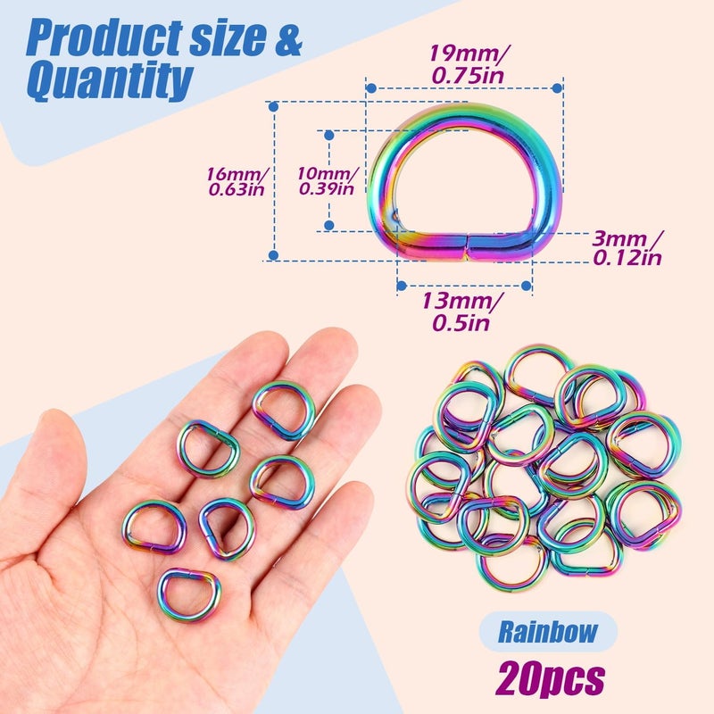 PECMER 1/2 inch Rainbow D Rings Buckles-20 PCS D-ring Metal D-Shape Buckle Clips-welded Purse Hardware for Bag Making Webbing 13mm - Image 2